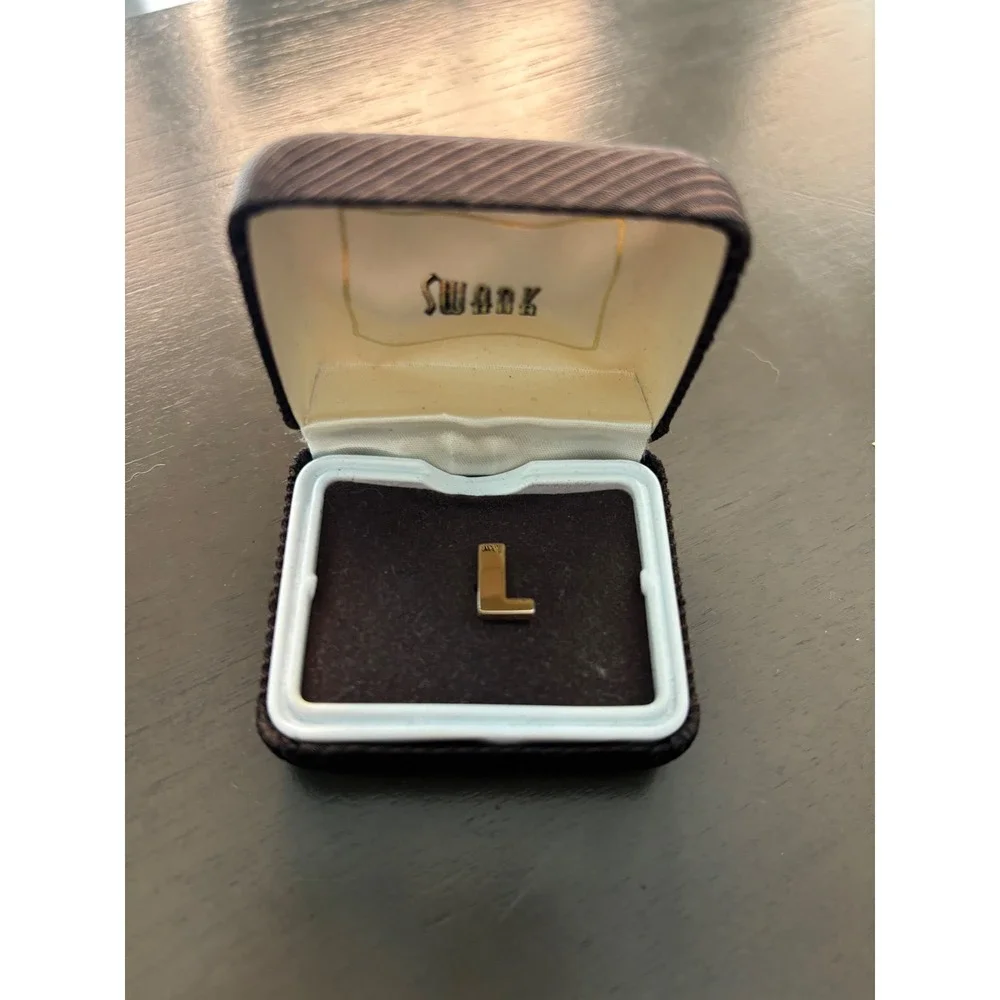 Vintage Swank Gold Tone Initial L Tie Tack with Chain and Original Box